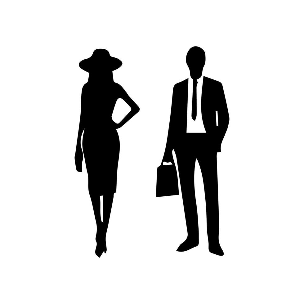 silhouettes of men and a women, a group of standing business people, black color isolated on white background vector