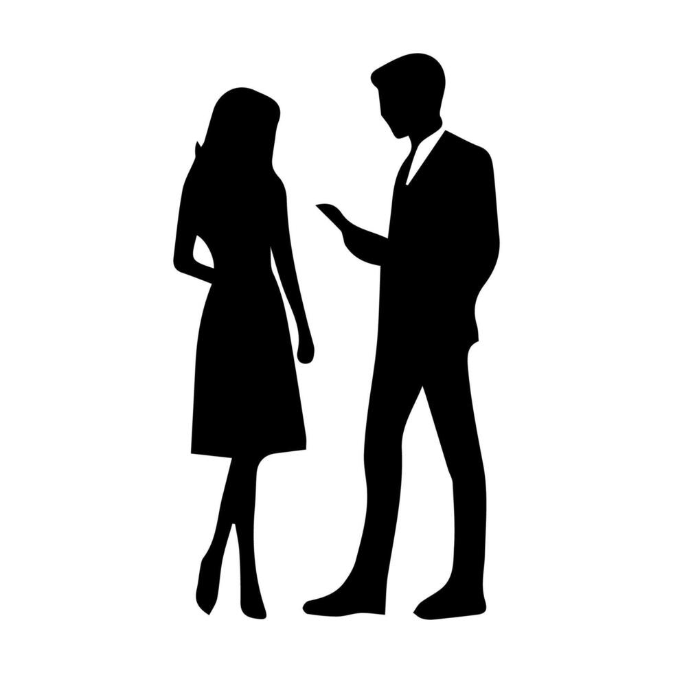 silhouettes of men and a women, a group of standing business people, black color isolated on white background vector