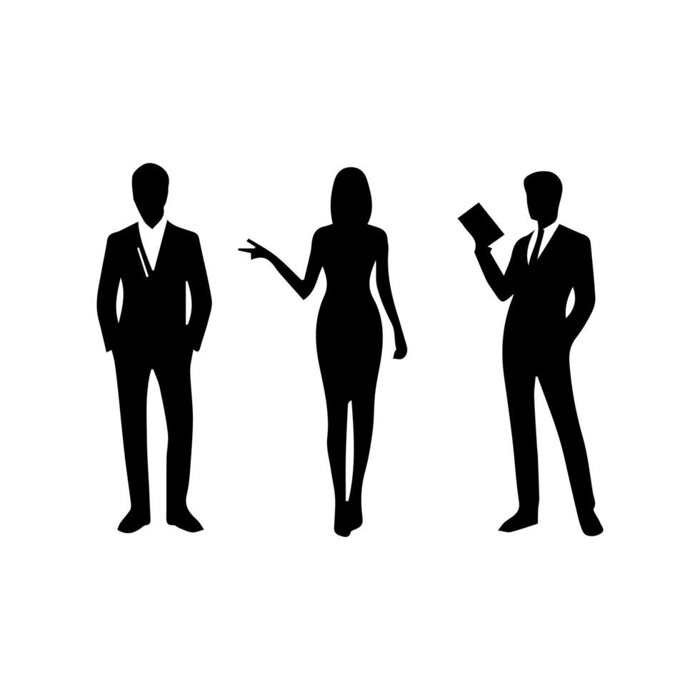 silhouettes of men and a women, a group of standing business people, black color isolated on white background vector