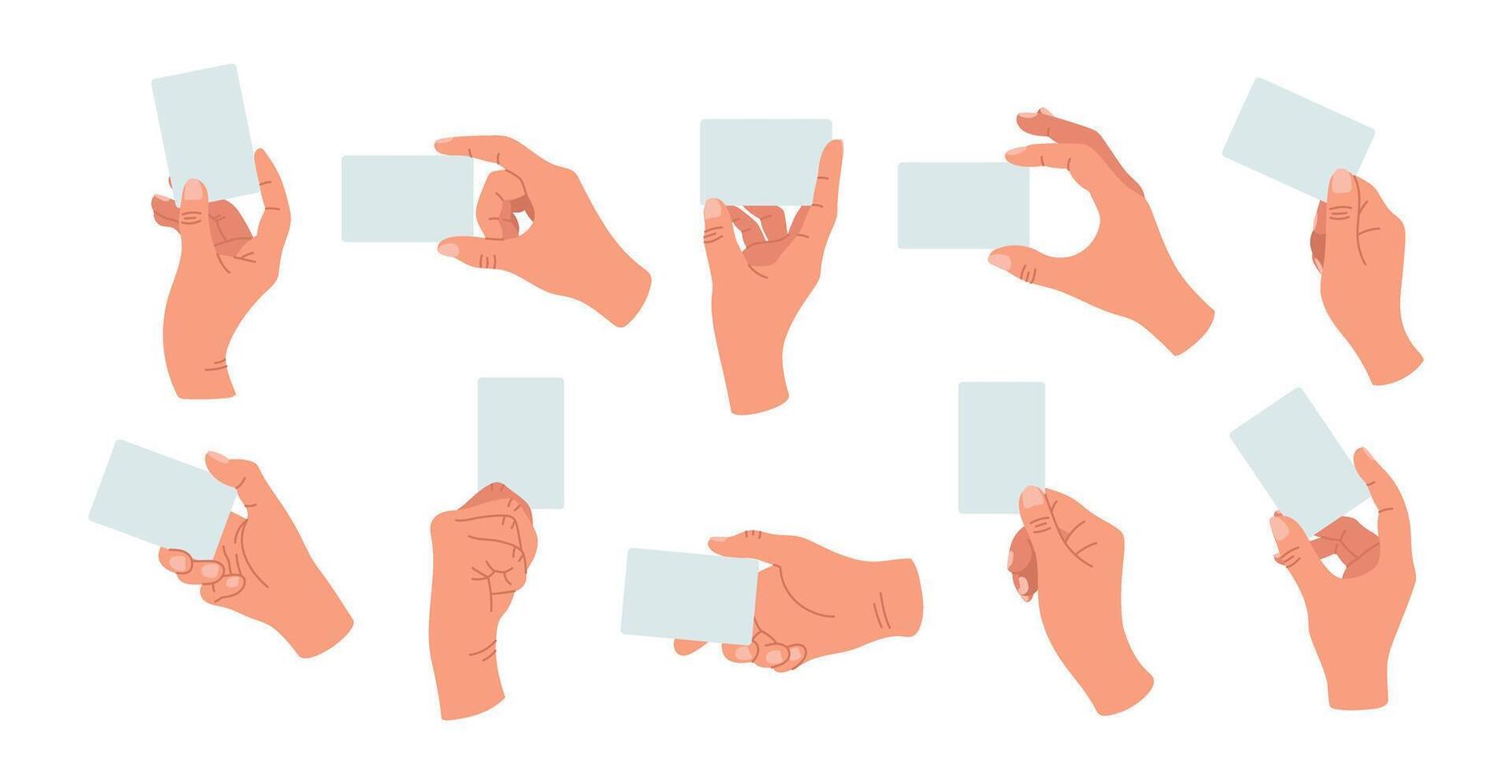 Set with hands holding a blank card. Cartoon flat illustration isolated on white vector