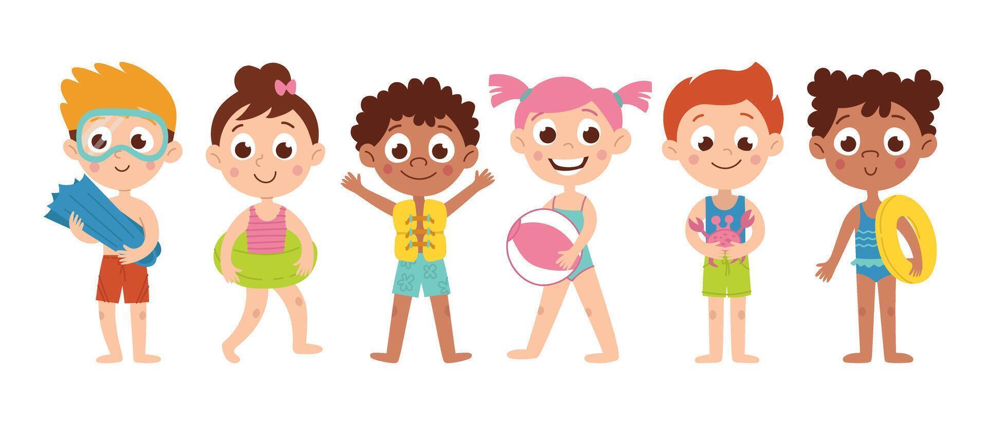 Set of children at sea sunbathing on the beach. Diversity boys and girls in swimsuits with an inflatable ring play and have fun. summer cartoon illustration vector