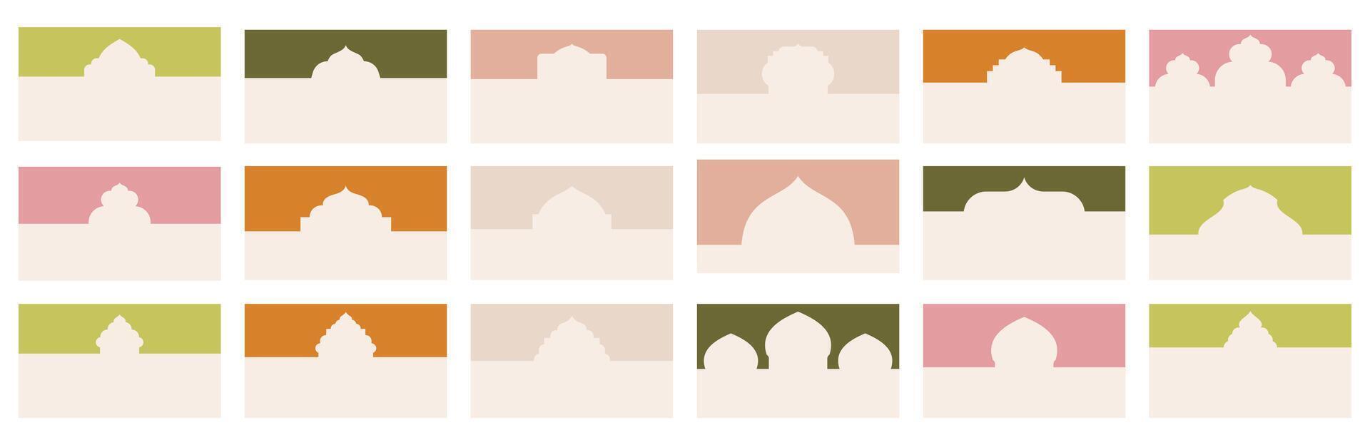 Various geometric shapes for website header or footer sections adorned with Islamic architectural elements. Landing page separator template for structuring design layouts, in flat styling. vector