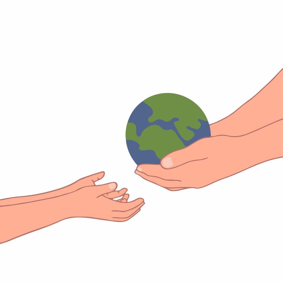 Hands of People with Different Skin Colors Holding Earth Globe Icon Symbol. Flat Illustration. vector