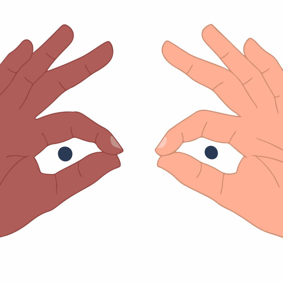 Hand Binoculars Gesture of Two Hands with Different Skin Colors. Flat Illustrations. vector