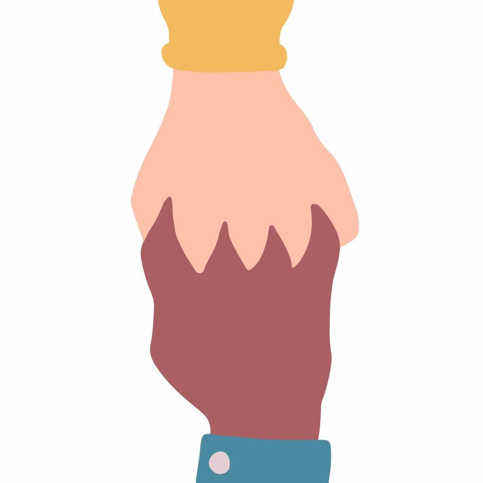 Two People with Different Skin Color Holding Each Other Hand on White Background. Hand Drawn Love Colored Flat Illustration. vector