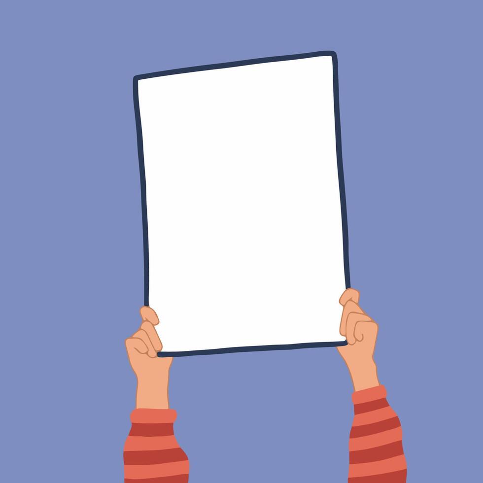 Colored Flat Illustration of Woman Hand Holding a Blank Frame on a Purple Background. Hand Drawn Mockup. vector