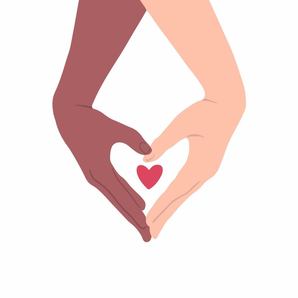People with Different Skin Color Make Heart Shape on White Background. Hand Drawn Love Colored Flat Illustration. vector