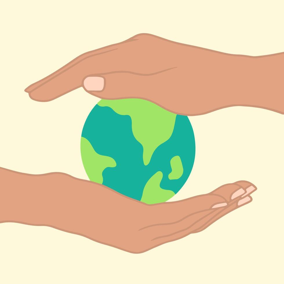 Hands of People with Different Skin Colors Holding Earth Globe Icon Symbol. Flat Illustration. vector