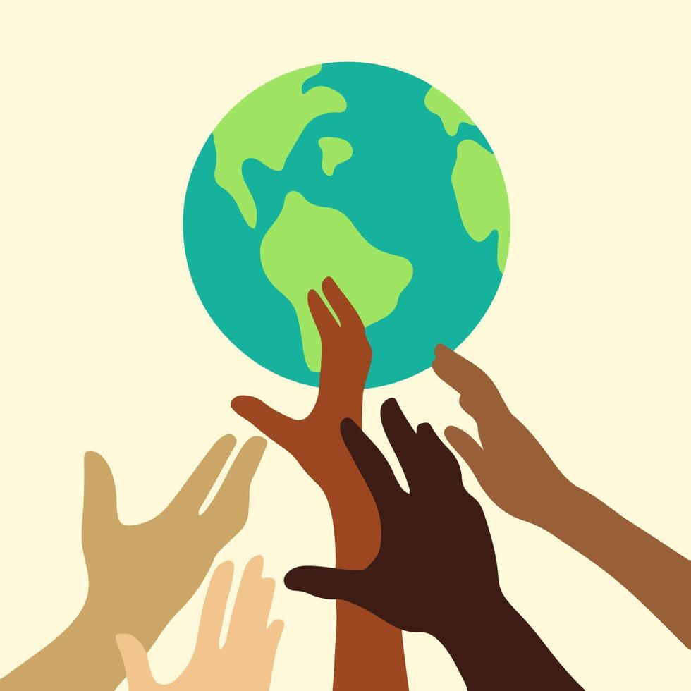 Hands of People with Different Skin Colors Holding Earth Globe Icon Symbol. Flat Illustration. vector