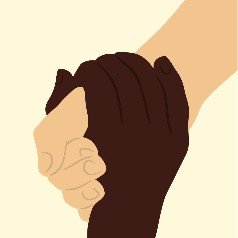 Two People with Different Skin Color Holding Each Other Hand on White Background. Hand Drawn Love Colored Flat Illustration. vector