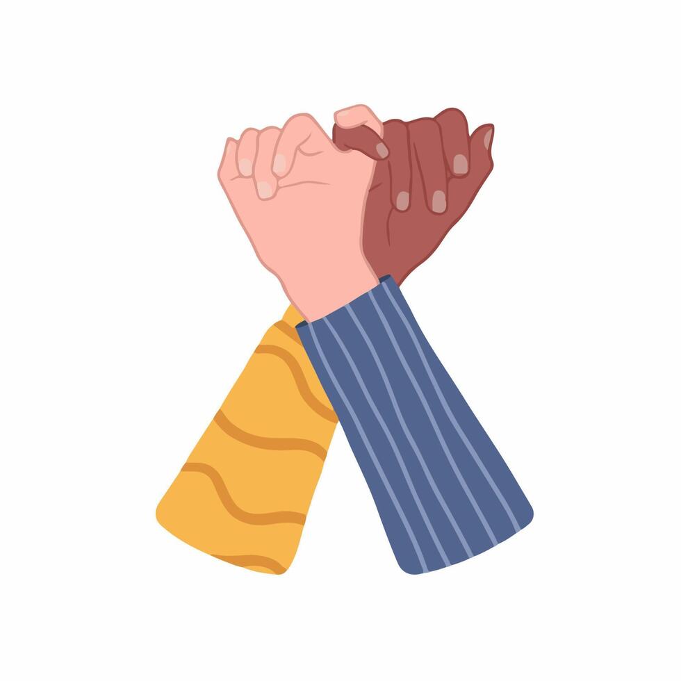 Two People with Different Skin Color Make Pinky Swear on White Background. Hand Drawn Love Colored Illustration. vector