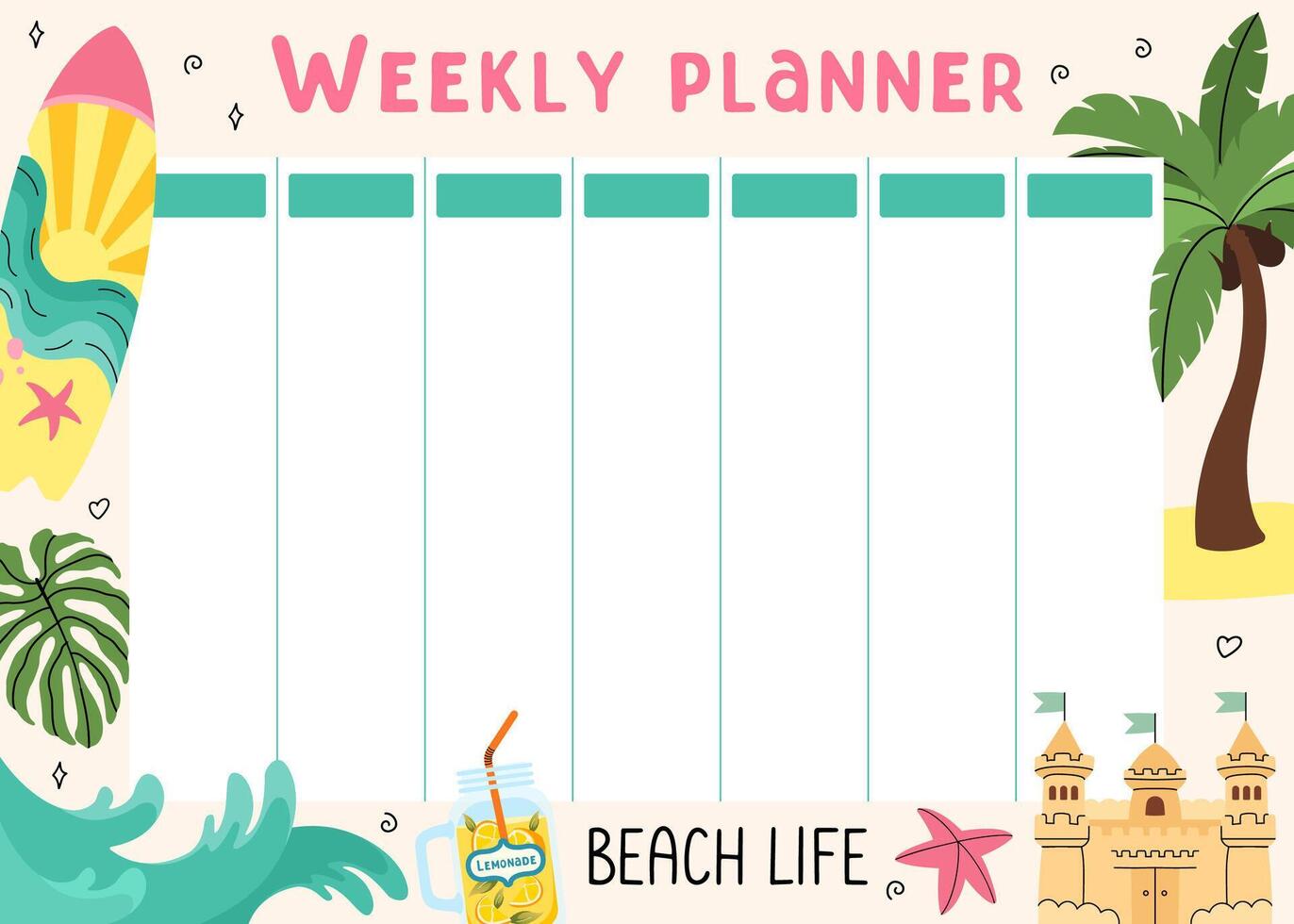 Weekly summer planner. Planning of summer leisure and recreation on beach. Beach background for notes. Holiday elements. Lemonade, palm, surfboard, waves, seashells, sand castle. illustration. vector