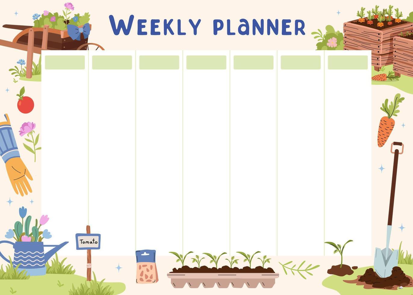 Summer and spring garden weekly planner. Crop planning, to-do list for day. Background with agriculture . Garden tools, household collection. Growing vegetables. Spring seedlings, compost, cart. vector