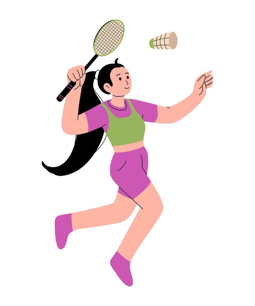 Badminton illustration. One Badminton player jumping smash shot. Character for sports standings web, postcard, mascot, sport school. Healthy lifestyle background. flat illustration. vector