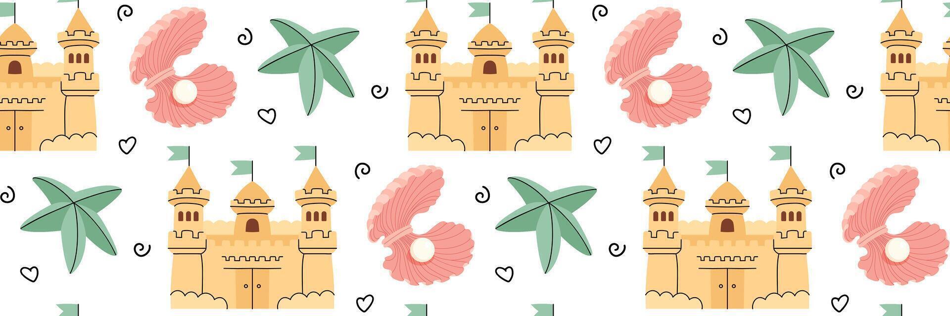 Beach life pattern. Cute summer background with sand castle, seashells, starfish and doodle elements. Suitable for textile design, packaging, wallpaper, brands. flat illustration. vector