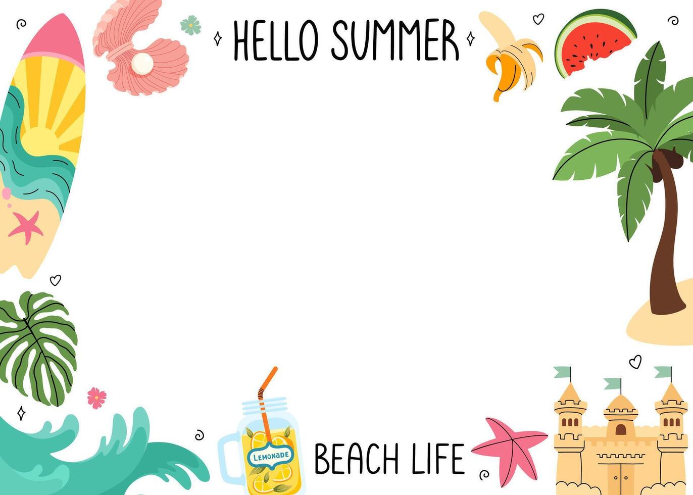 Hello summer frame. Beach party design template. Beach background for sales, party. Holiday elements. Lemonade, palm tree, surfboard, sea waves, seashells, sand castle. illustration. vector