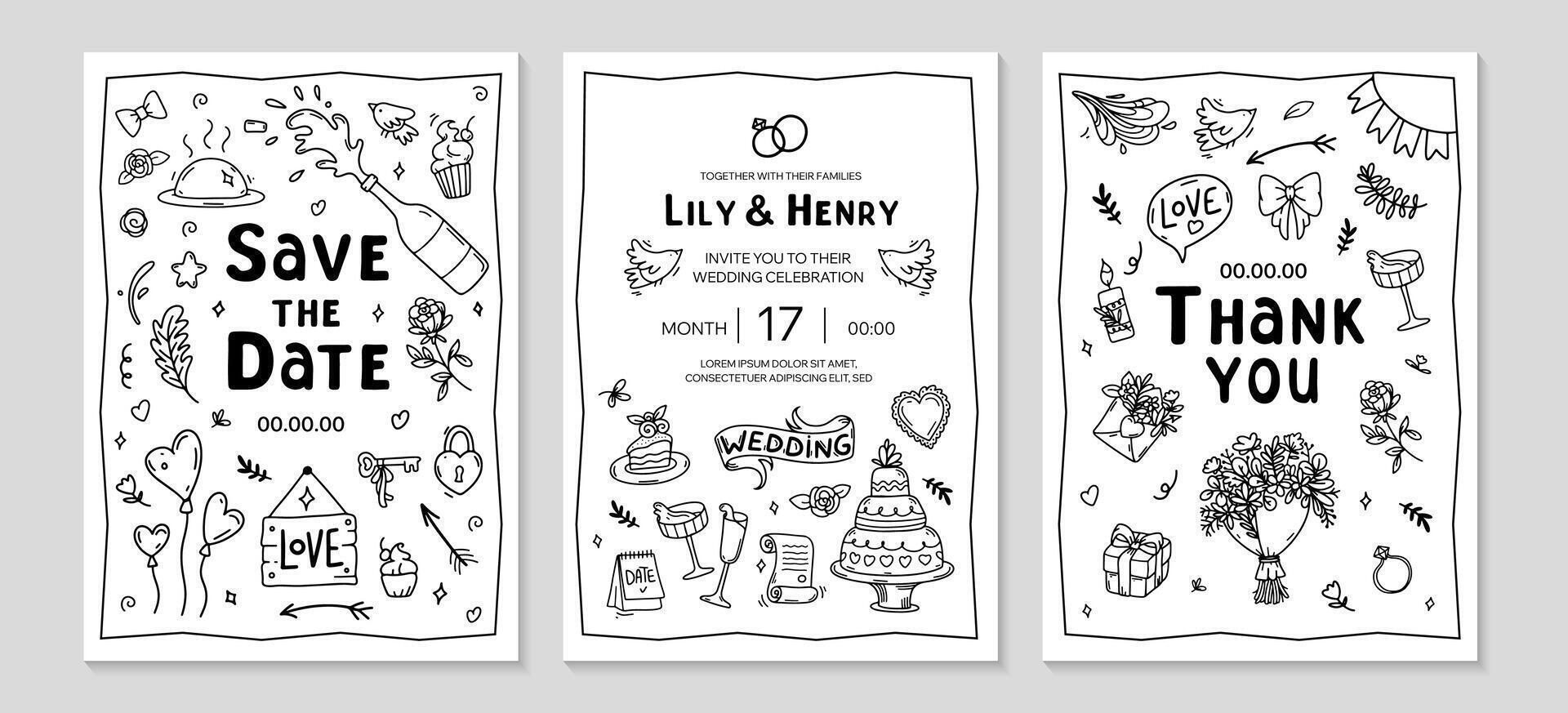 Trendy Wedding doodle invitation set. Hand drawn doodle Love and Feelings Background. Funny wedding posters template. including flowers, hearts, bouquet, champagne, arrows. line illustration. vector