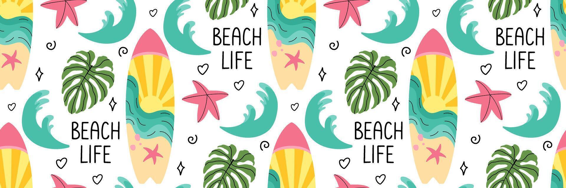Beach life seamless pattern. Beach background with palm tree, surfboard, sea waves, starfish and doodle elements. Suitable for textile design, packaging, wallpaper, scrapbooking. illustration. vector