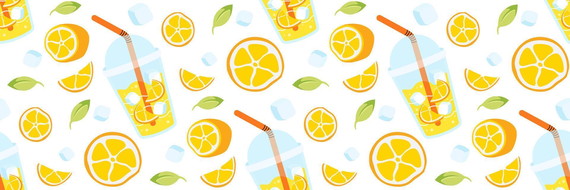 Fresh lemons lemonade seamless pattern. Bright summer background for restaurants, cafe menus. Take away summer drink. Berries, leaves, ice cubes. Food and drinks. flat illustration. vector