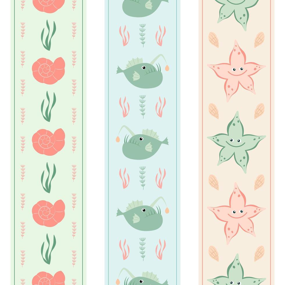Set of seamless ribbons with sea creatures. Suitable for scrapbooks, greeting cards, textiles, printed products, home accessories. vector