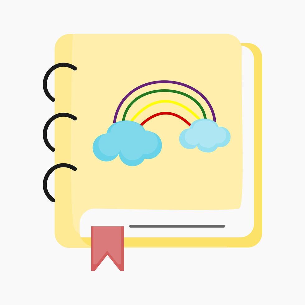 a yellow notebook with a rainbow and clouds on it vector