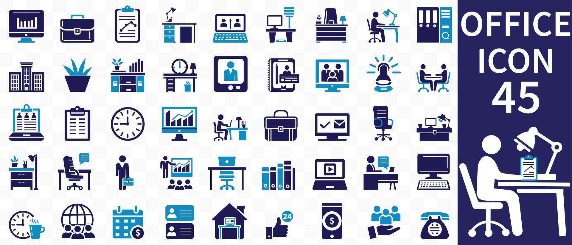 Office icon set. Containing briefcase, desk, computer, meeting, employee, schedule and co-worker symbol. Solid workspace icons collection. vector