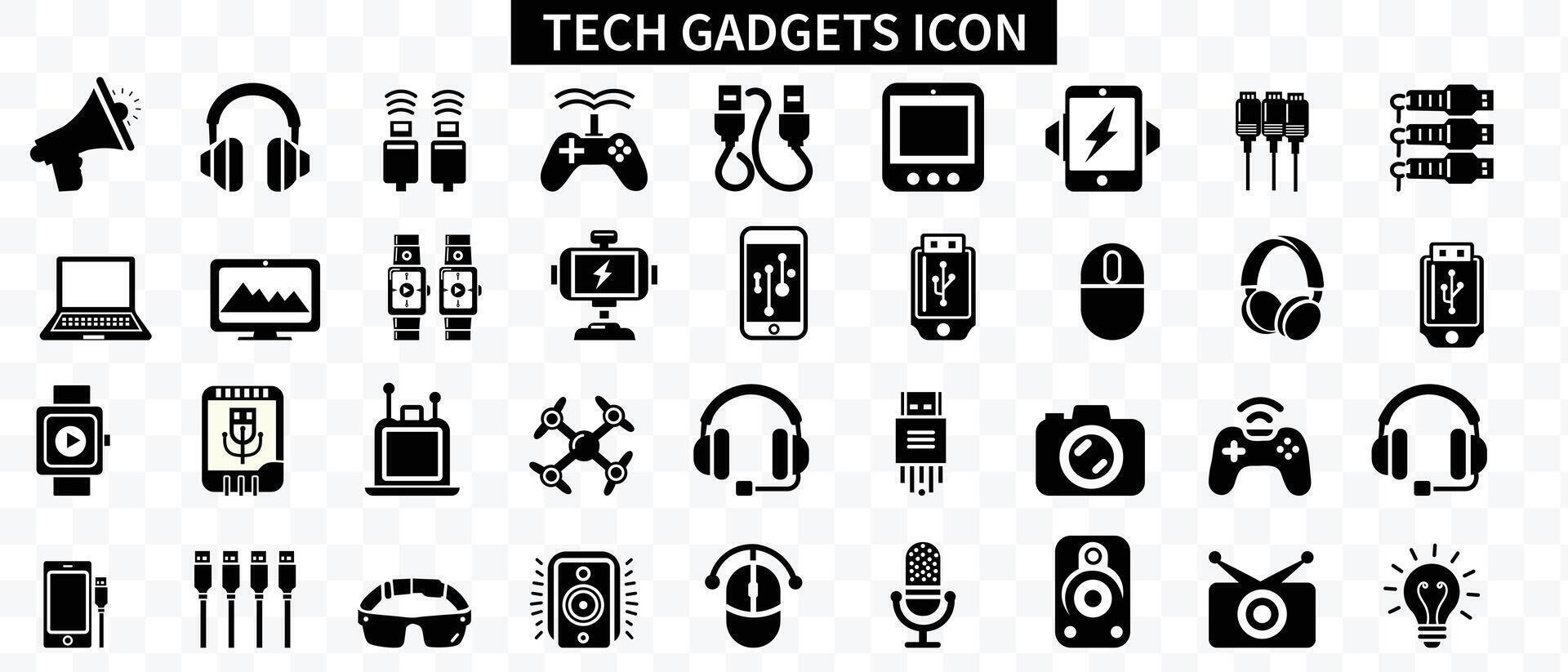 Tech gadgets icon set. Containing smartphone, laptop, tablet, smartwatch, drone, headphones, digital camera, smart TV, gaming console and more. Solid icons vector