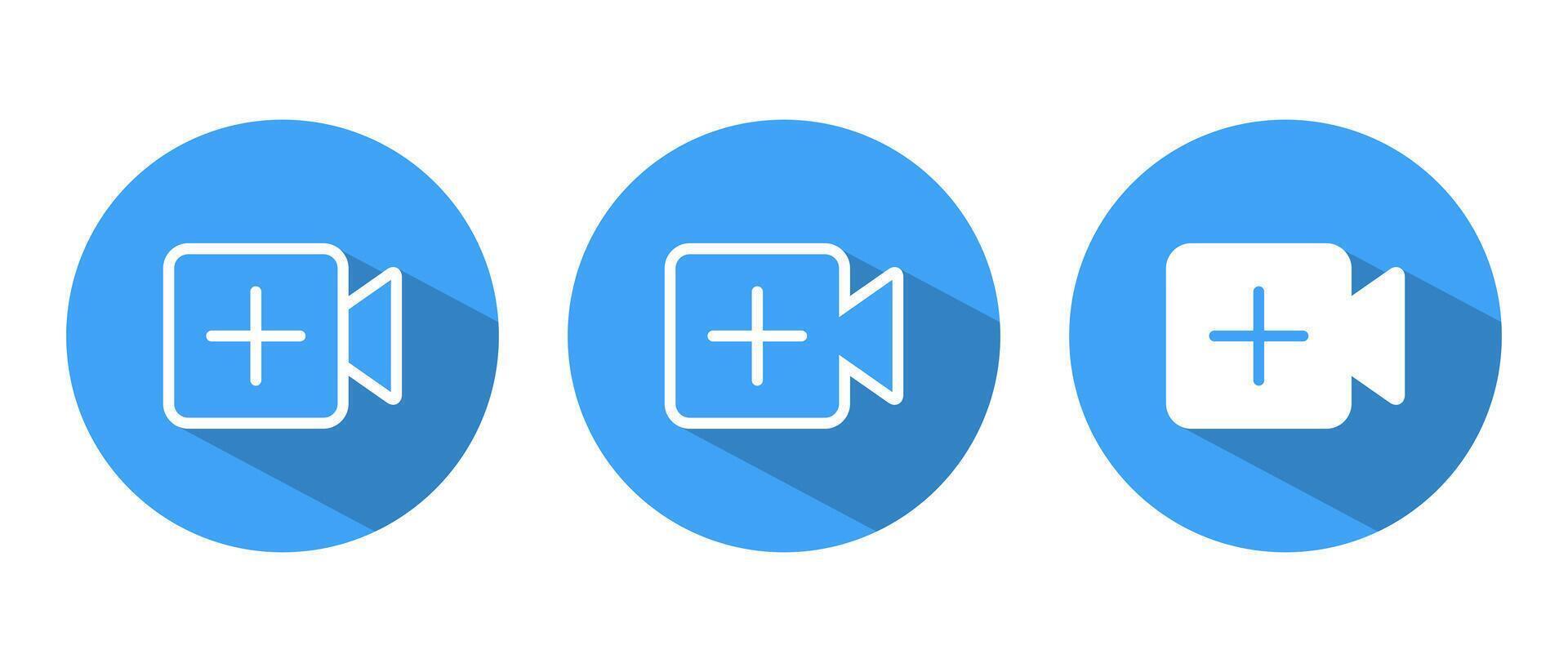 Add icon set on long shadow. Camera and plus concept. Upload videos button vector