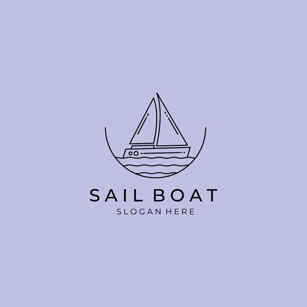 sail boat logo line minimalist design with wave logo and emblem vector