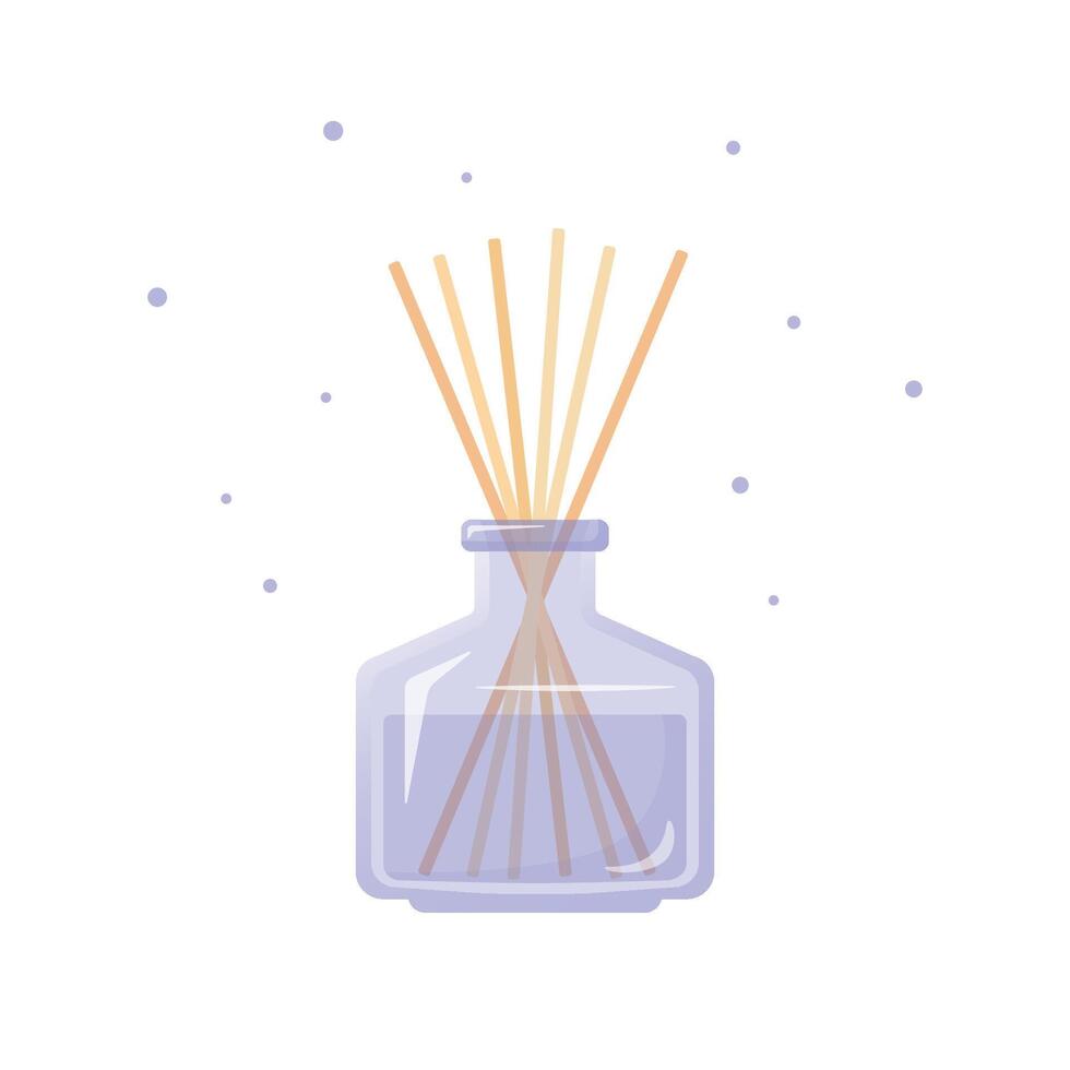 Home fragrance, purple glass bottle with aroma sticks, perfume for home, colorful flat editable object on white background. Aromatherapy concept vector