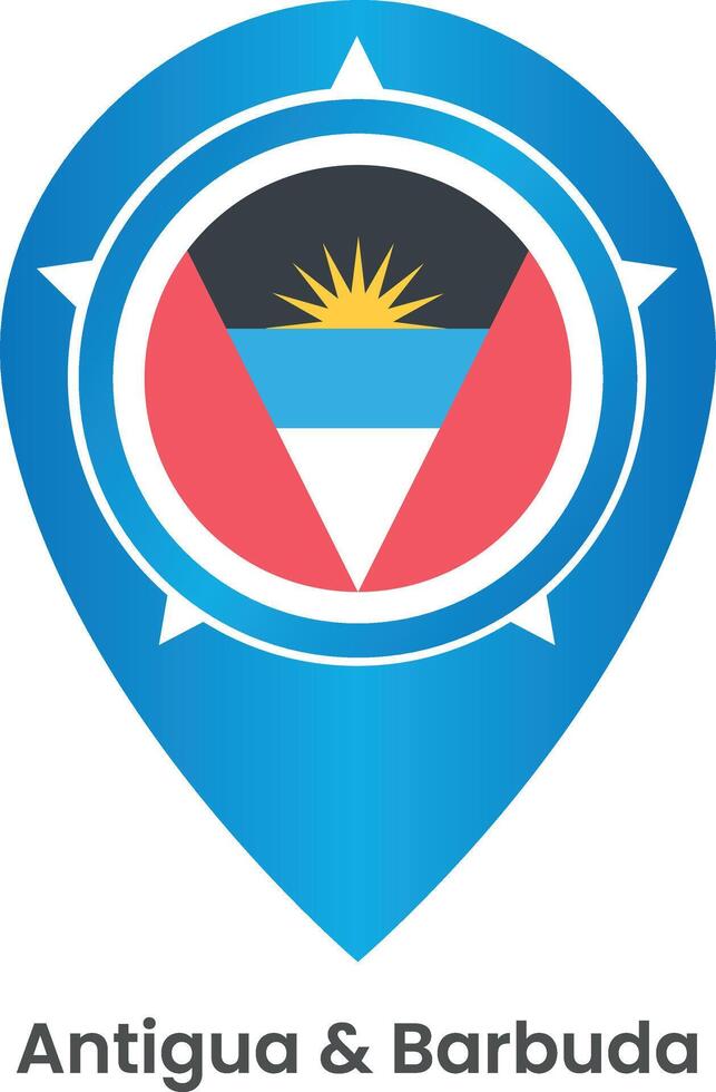 Pinpoint icon with Antigua and Barbuda national flag isolated on white background. Map pointer symbol for website, gps navigator, apps. vector