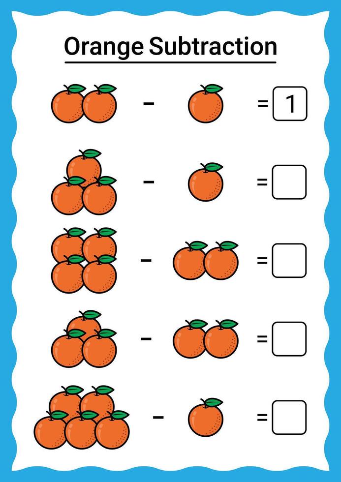 Orange Subtraction Worksheet for Kids vector