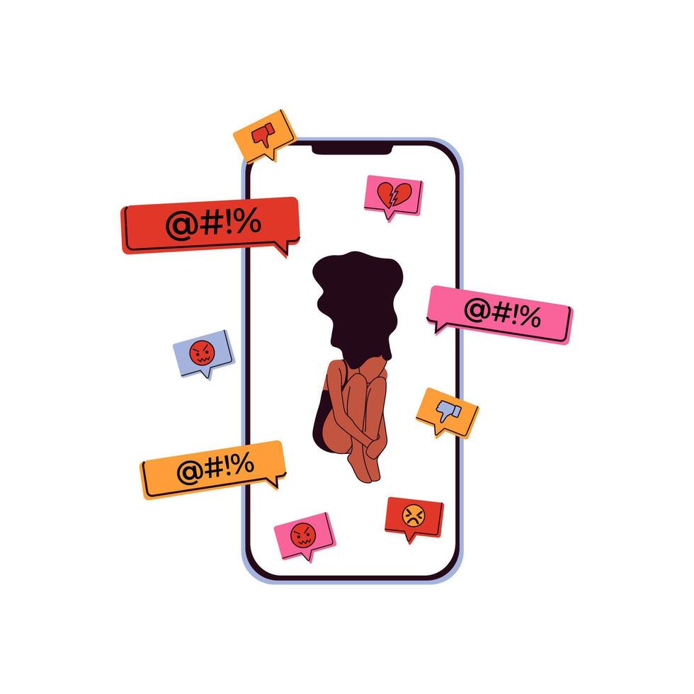 Doomscrolling at social media concept. Dependence on Internet, information and content. Gadget addiction. Illustration of the people fallen into a smartphone. vector