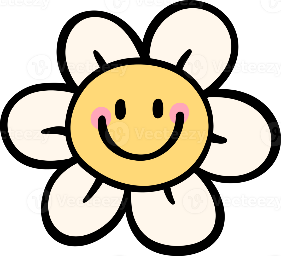 Retro Groovy Smile Emoji Flower Handdrawn Lined Doodle png