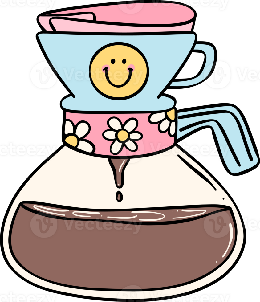Retro coffee pour over Groovy Drink Trendy lined doodle handdrawn png