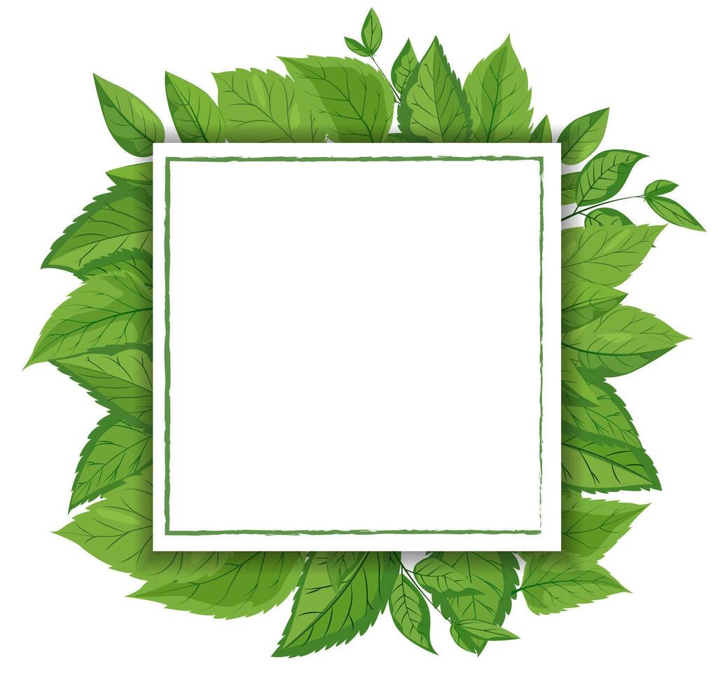 A featuring a square white frame embellished with vibrant green leaves. lush foliage surrounds the frame, creating a fresh, natural, and eco-friendly theme suitable. Mockup, template vector