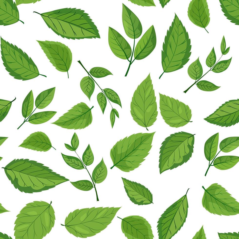 seamless pattern features various shades and shapes of green leaves against a white background. Perfect for nature-themed designs, eco-friendly packaging, and botanical illustrations vector