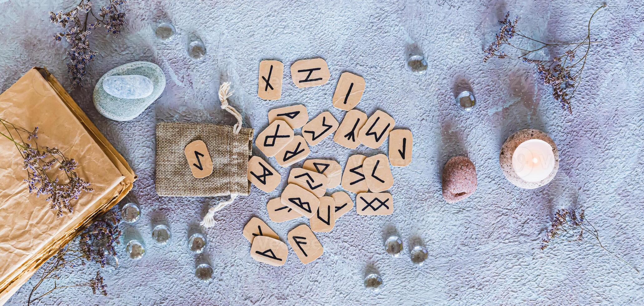 Scandinavian runes for fortune telling made of cardboard and the bag top view web banner photo