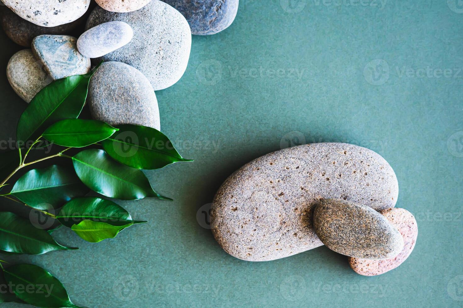 Organic natural background of leaves and stones on green top view photo