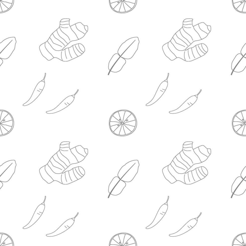Seamless pattern with ingredients of Tom Yum Soup. vector