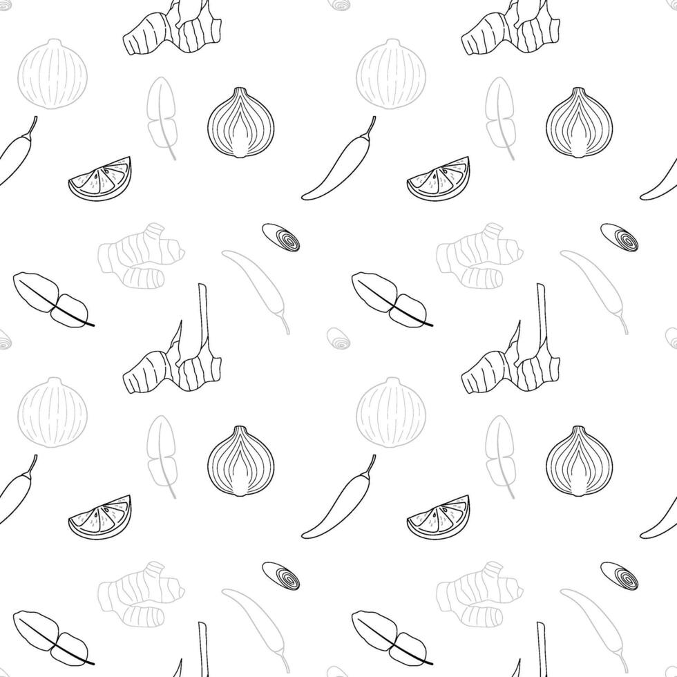 Seamless pattern with ingredients of Tom Yum Soup. vector