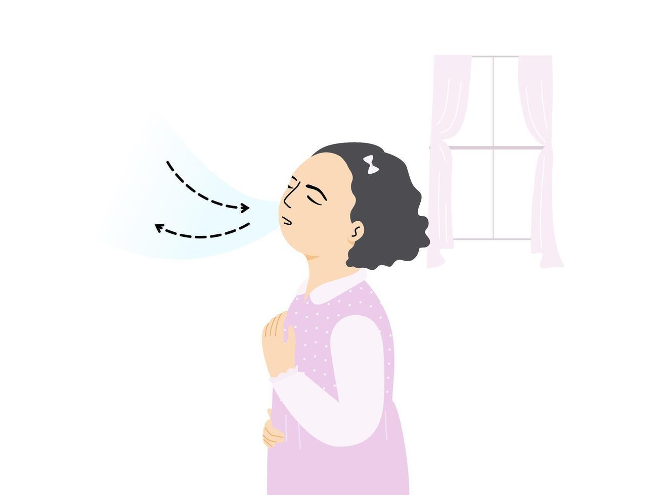 Relaxed child girl breathing exercise at home. vector