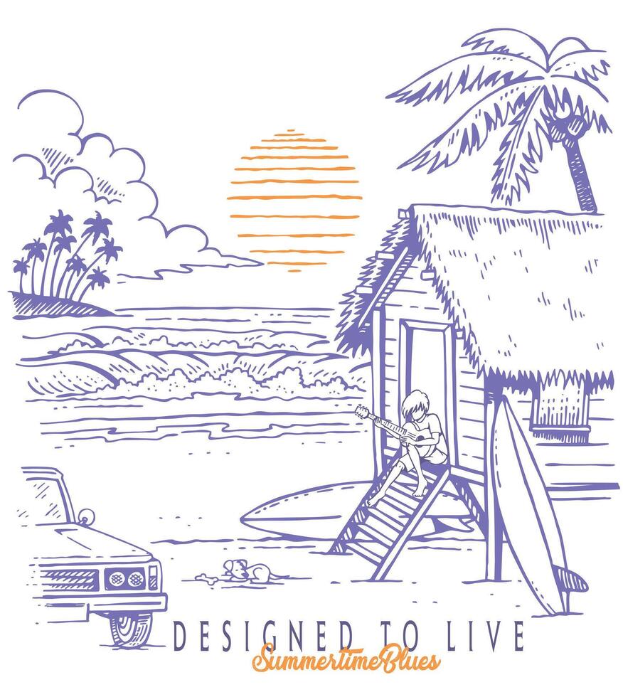 Coastal landscape illustration in cartoon style. Simple drawing of a beach house scene with a young man playing the guitar. vector