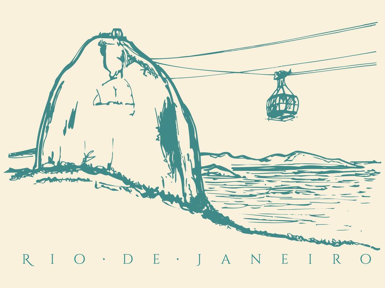 Mountain illustration with cable car in the city of Rio de Janeiro, Brazil. Art in free and uncluttered lines. vector