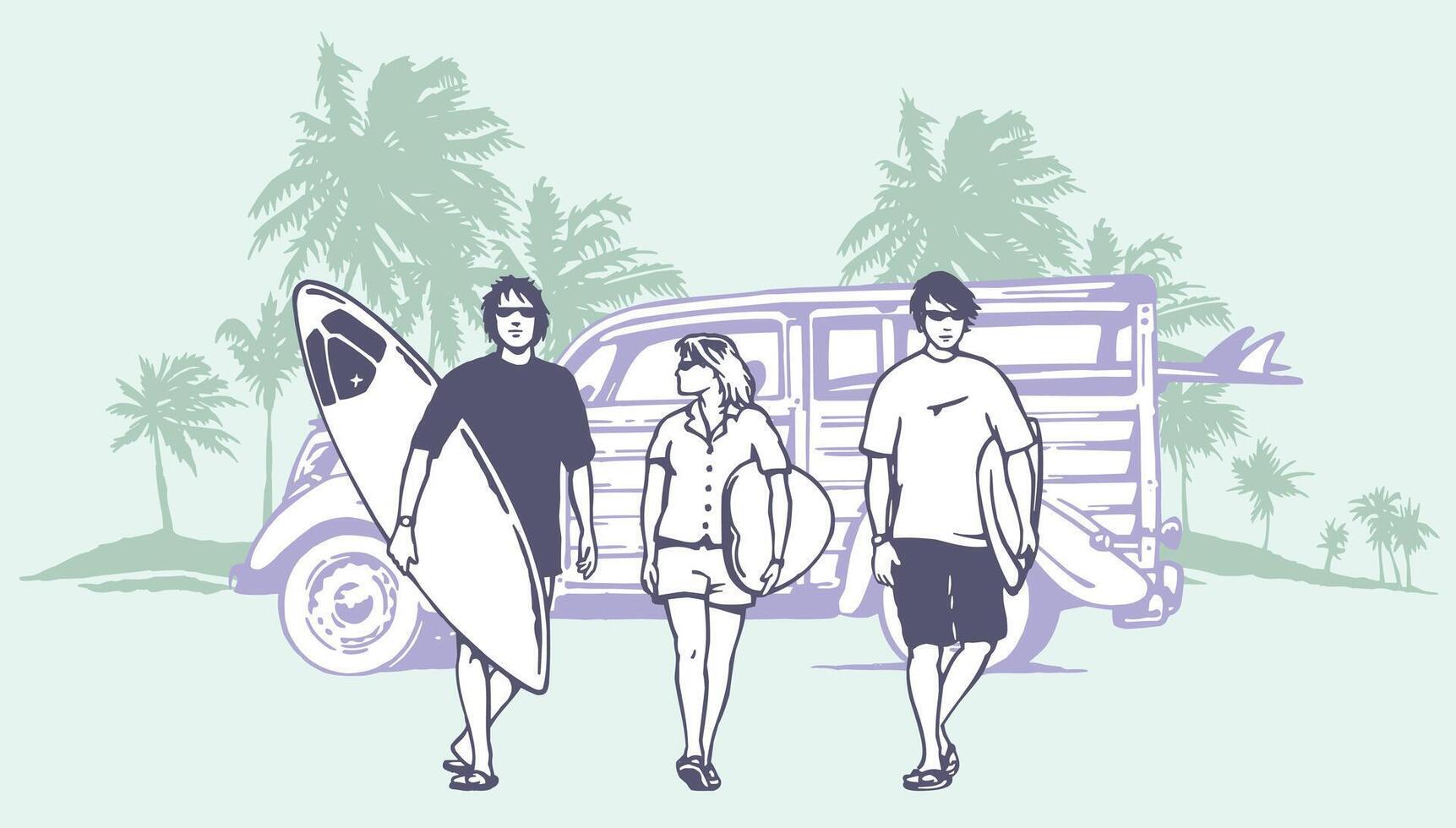 Illustration in simple, laid-back lines of a group of surfers in a composition with an old car and coconut trees. vector