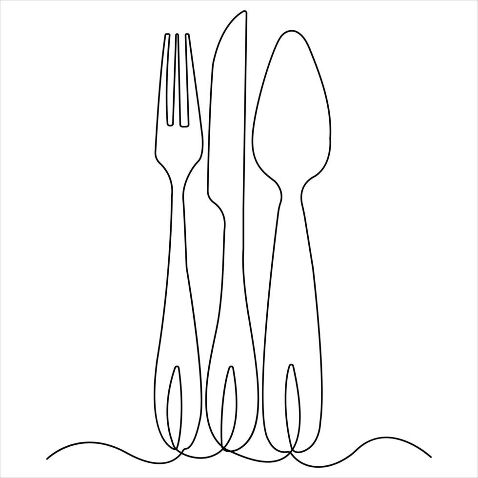 Continuous single drawing of knife fork spoon outline illustration vector