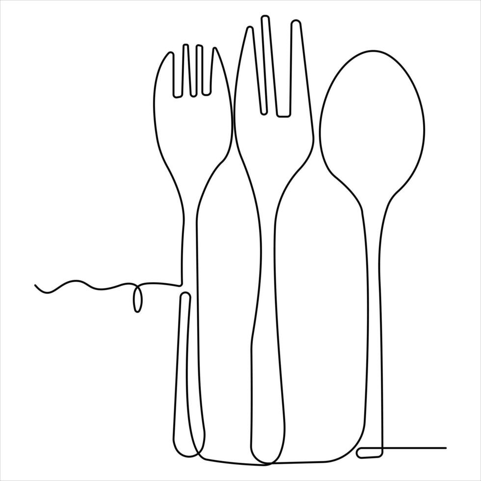 Continuous single drawing of knife fork spoon outline illustration vector