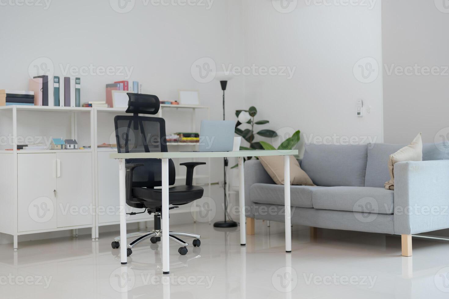 Modern living room interior with comfortable sofa and bookshelf photo