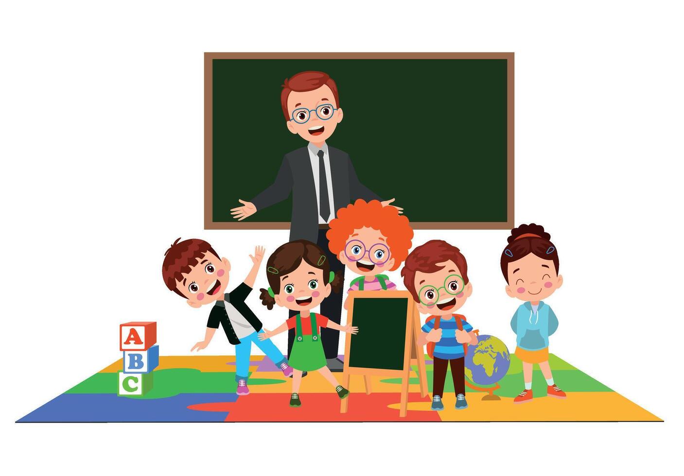 cute students and teacher in classroom vector