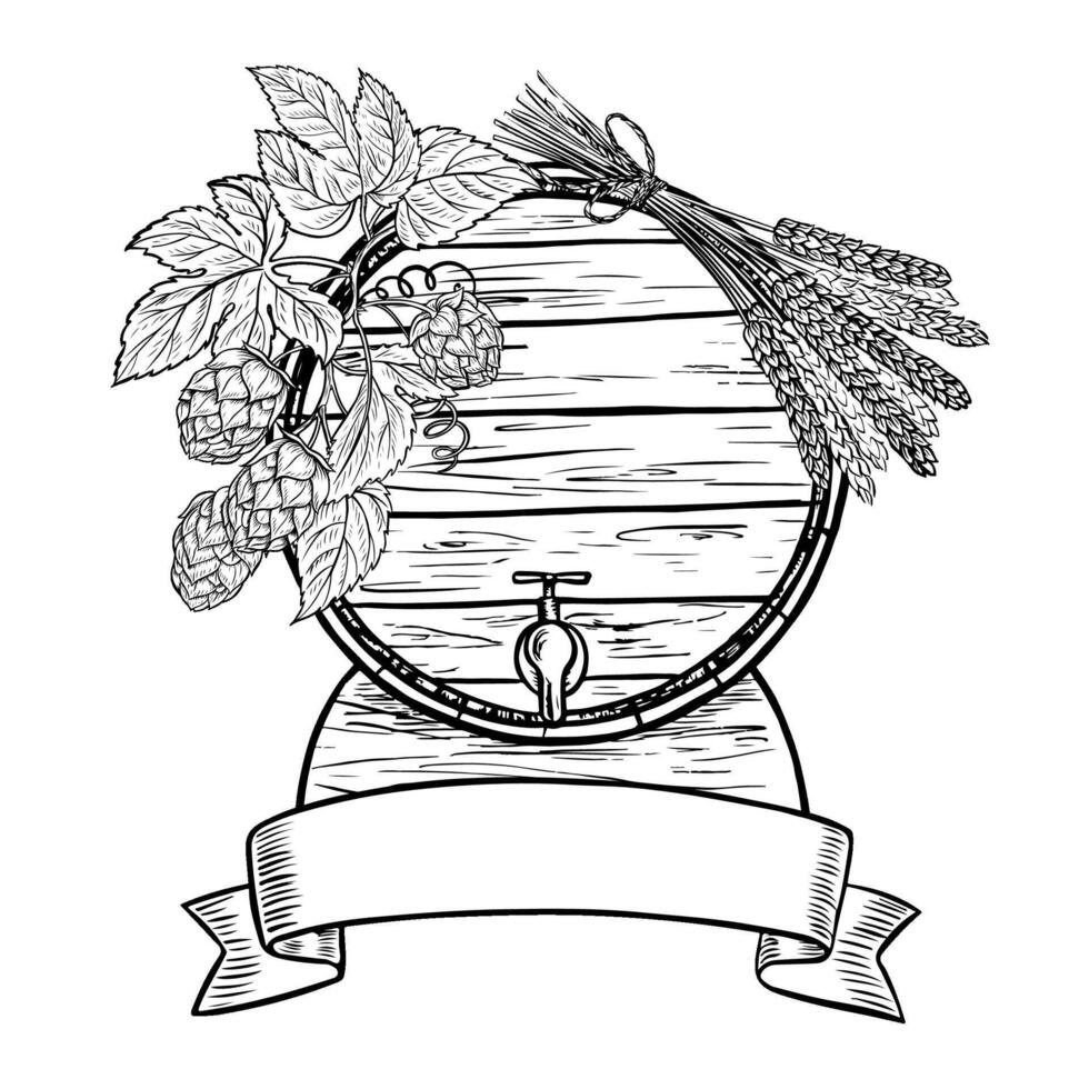 Wooden beer barrel, hops and malt. Label for the name. Black and white illustration, hand-made in the style of engraving. Great for bar or restaurant menus, labels, posters, and packaging. vector